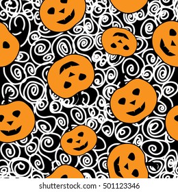 Seamless pattern with pumpkins for Halloween on a black background, vector