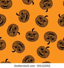 Seamless pattern with pumpkins with a pattern for Halloween on an orange background, vector