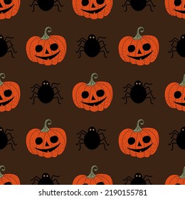 Seamless pattern with pumpkins. Halloween, pumpkin with scary eyes. Flat illustration. Vector.