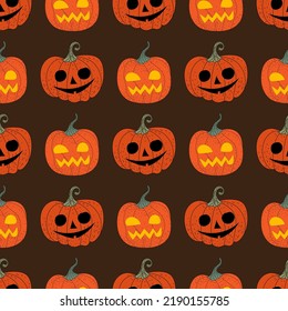 Seamless pattern with pumpkins. Halloween, pumpkin with scary eyes. Flat illustration. Vector.