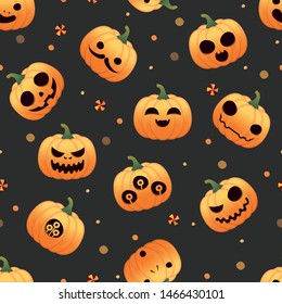 Seamless pattern with pumpkins Halloween sets on black background, vector