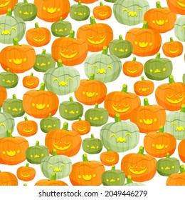 Nahtloses Muster mit Kürbissen zu Halloween. Eine Vielzahl von Kürbissen in verschiedenen Größen. Die Kürbisse sind mit süßen Gesichtern geschnitzt. Vektorgrafik.