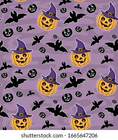 Seamless pattern with pumpkins for Halloween in Vedma hats. Vector on a purple background. Stock illustration