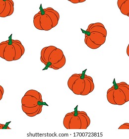 Seamless  pattern of pumpkins. Hand drawn vector illustration on a white background. 