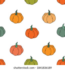 Seamless  pattern of pumpkins. Hand drawn vector illustration on a white background.