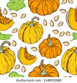 seamless pattern with pumpkins, hand-drawn in retro style, sketch, a pattern to Thanksgiving, white background, vector illustration