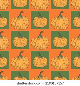 Nahtloses Muster mit Kürbissen. Ernte, Herbst, Kürbis, Flache Illustration. Vektorgrafik.