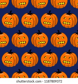 Seamless pattern of pumpkins and hat for Halloween on blue background. Vector.