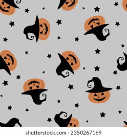 Seamless pattern with pumpkins with hat and stars. Vector Halloween background in flat style. Doodle style. For textiles, clothing