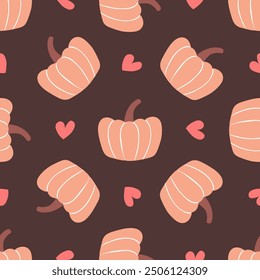 Seamless pattern of pumpkins and hearts on a dark brown background. Pumpkins in soft peach tones with white contour lines and small rounded hearts. Vector illustration.