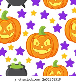Seamless pattern with pumpkins and layers. Scary smiley background on Halloween theme. Funny cartoon wallpaper or printable template on October holidays theme.