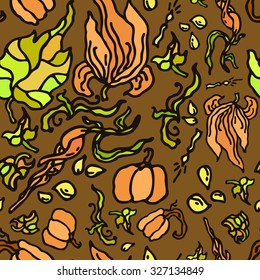 Seamless pattern pumpkins and leaves