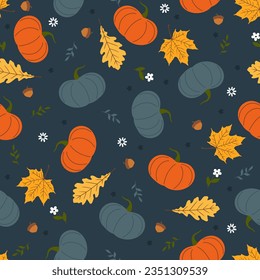 Patrón sin foco con calabazas, hojas, bellota y flores. Ilustración vectorial.