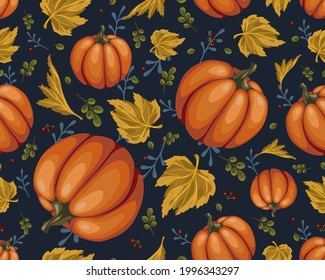 seamless pattern with pumpkins, leaves and berries, colorful autumn background, stylized vector graphics