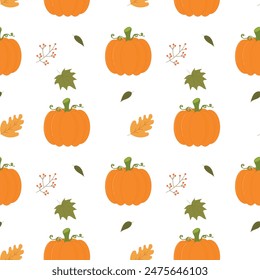 Seamless pattern with pumpkins, leaves and berries. Autumn print. Vector illustration, flat style.