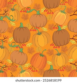 Seamless pattern with pumpkins, leaves and berries on an orange background.