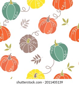 Seamless pattern with pumpkins, leaves. Colorful illustration, vector of vegetarian food. Autumn background with vegetables. Decorative wallpaper suitable for printing, textiles.