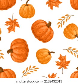 Seamless pattern with pumpkins and leaves. Decorative image of autumn vegetable and plant.