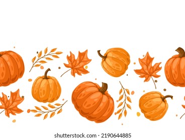 Seamless pattern with pumpkins and leaves. Decorative image of autumn vegetable and plant.