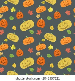 Seamless pattern with Pumpkins and leaves. Halloween. For printing wrapping paper, packaging, fabric. Hand Drawn vector illustration.