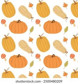 Seamless pattern with pumpkins, leaves and mushrooms, vector illustration for autumn Thanksgiving, harvest holiday, template for poster, banner, cards