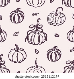 Seamless pattern of pumpkins and leaves on beige background. Hand-drawn black line art. Cozy fall season. Autumn harvest. Thanksgiving celebration. Vector design