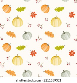 Seamless pattern of pumpkins and leaves in warm Autumn colours. Vector illustration, background for Thanksgiving and harvest celebration, cards design, scrapbooking, textile. 
