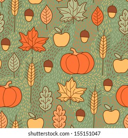 Seamless pattern with pumpkins, leaves, wheat and apples. Beautiful background for Thanksgiving.