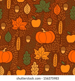 Seamless pattern with pumpkins, leaves, wheat and apples. Beautiful background for Thanksgiving.