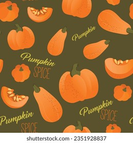 Seamless pattern with pumpkins and lettering Pumpkin Spice. Vector graphics.