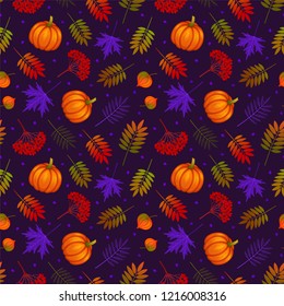 Seamless pattern with pumpkins, maple and mountain ash leaves, fruits of viburnum, physalis on dark background. Green, purple, red, orange color. Repeat autumn pattern. Vector illustration.