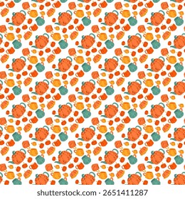 Seamless pattern with pumpkins, mugs, teapots, cookies, and desserts in warm autumn style on light background. Fall designs, fabric prints, wrapping paper, textiles, packaging and scrapbooking.