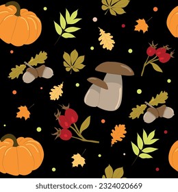 Seamless pattern with pumpkins, mushrooms and autumn leaves on a black background