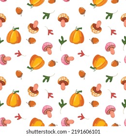 Seamless pattern with pumpkins, mushrooms and leaves in doodle style. 