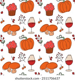 Seamless pattern with pumpkins, mushrooms, wine, cupcakes and berries for wallpaper, gift paper, pattern fills, textile, fall greeting cards.