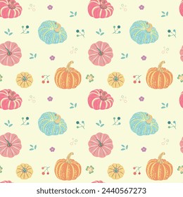 Seamless pattern with pumpkins in nursery style. Perfect for baby and children's clothing design. Home textiles, stationery, cover design, fabric print, packaging design, baby shower and clipart art.