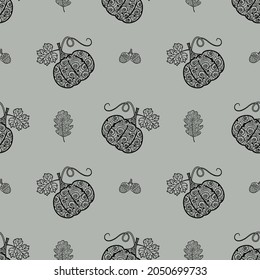 Patrón sin foco con calabazas y hojas de roble. Vector aislado de fondo con calabazas y hojas de roble.Textura para textiles y papel envolvente, papel pintado, impresión para ropa.R.Plantilla para Halloween.