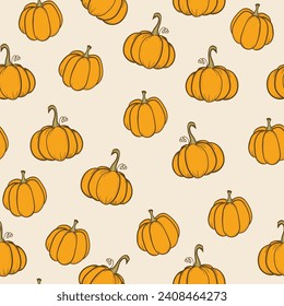 Seamless pattern with pumpkins on color background. Vector hand drawn sketched pumpkin. Autumn illustration for holidays, Halloween. Various food items in doodle style.