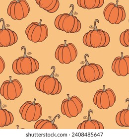 Seamless pattern with pumpkins on color background. Vector hand drawn sketched pumpkin. Autumn illustration for holidays, Halloween. Various food items in doodle style.