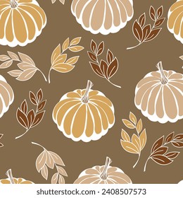 Seamless pattern with pumpkins on color background. Vector hand drawn sketched pumpkin. Autumn illustration for holidays, Halloween. Various food items in doodle style.