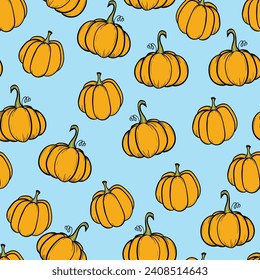 Seamless pattern with pumpkins on color background. Vector hand drawn sketched pumpkin. Autumn illustration for holidays, Halloween. Various food items in doodle style.