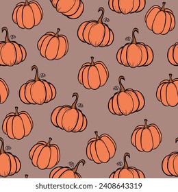 Seamless pattern with pumpkins on color background. Vector hand drawn sketched pumpkin. Autumn illustration for holidays, Halloween. Various food items in doodle style.