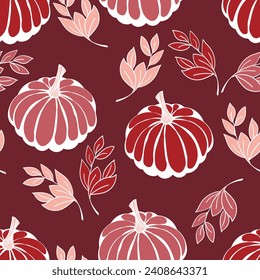 Seamless pattern with pumpkins on color background. Vector hand drawn sketched pumpkin. Autumn illustration for holidays, Halloween. Various food items in doodle style.