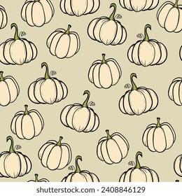 Seamless pattern with pumpkins on color background. Vector hand drawn sketched pumpkin. Autumn illustration for holidays, Halloween. Various food items in doodle style.