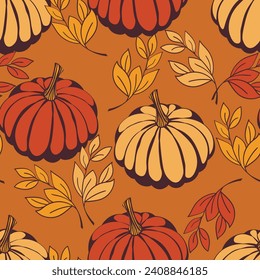 Seamless pattern with pumpkins on color background. Vector hand drawn sketched pumpkin. Autumn illustration for holidays, Halloween. Various food items in doodle style.