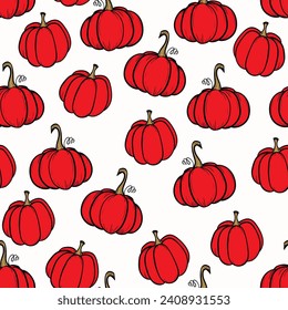 Seamless pattern with pumpkins on color background. Vector hand drawn sketched pumpkin. Autumn illustration for holidays, Halloween. Various food items in doodle style.