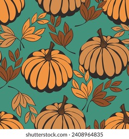 Seamless pattern with pumpkins on color background. Vector hand drawn sketched pumpkin. Autumn illustration for holidays, Halloween. Various food items in doodle style.