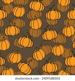 Seamless pattern with pumpkins on color background. Vector hand drawn sketched pumpkin. Autumn illustration for holidays, Halloween. Various food items in doodle style.