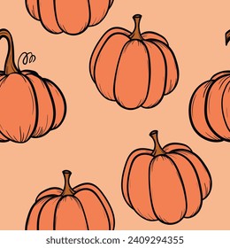 Seamless pattern with pumpkins on color background. Vector hand drawn sketched pumpkin. Autumn illustration for holidays, Halloween. Various food items in doodle style.