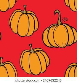 Seamless pattern with pumpkins on color background. Vector hand drawn sketched pumpkin. Autumn illustration for holidays, Halloween. Various food items in doodle style.